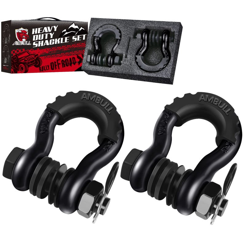 AMBULL Shackles 3/4 Inch D Ring Shackle (2 Pack) 45,000lb Break Strength with 7/8 Inch Pin, Isolator and Washer Kits for Use with Tow Strap, Winch, Off-Road Jeep Truck Vehicle Recovery, Black - Image 1